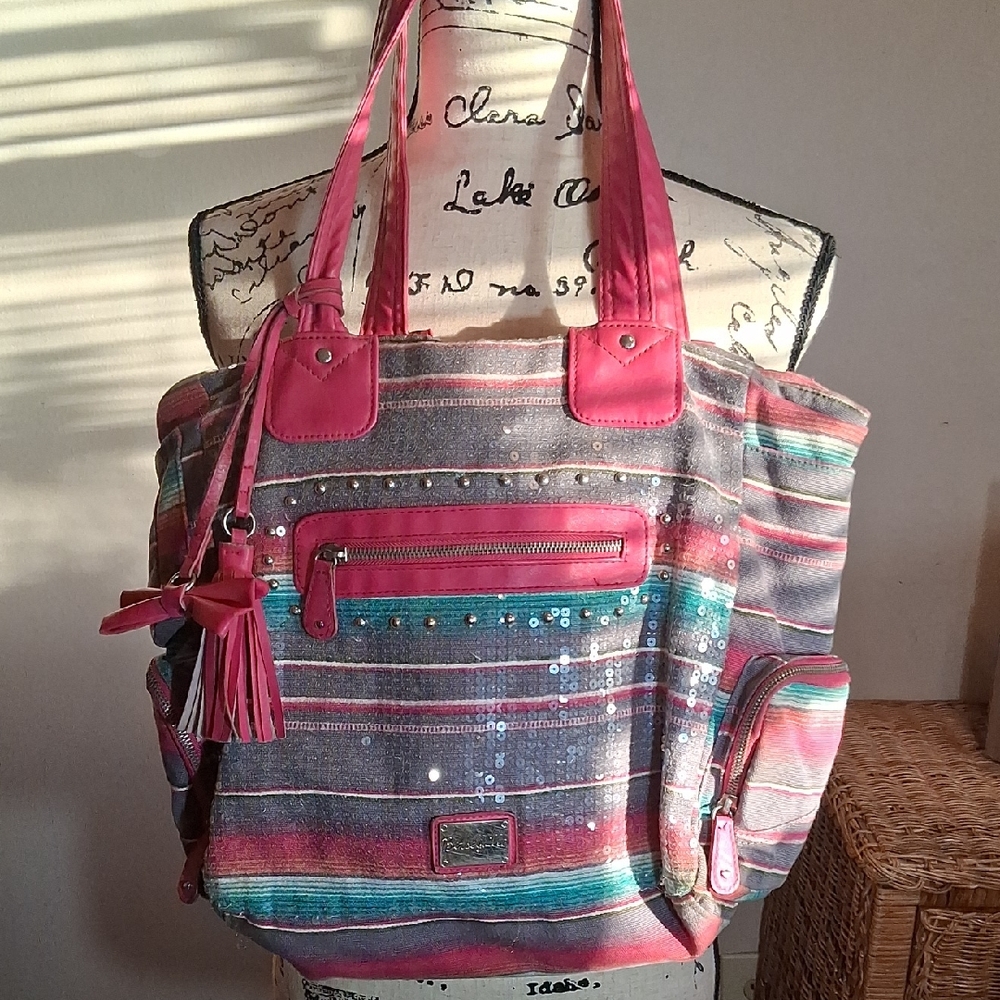 Betsey Johnson Betseyville Striped Large Multicolor Tote Bag with Pink Accents